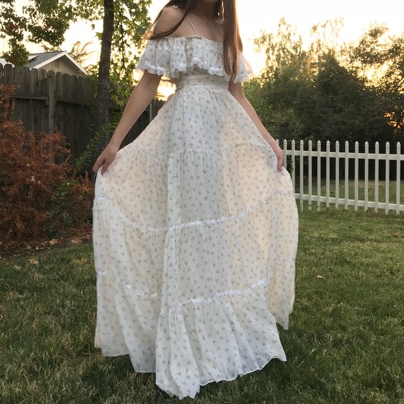 Gunne sax full length 70s dress with off the shoulder floral print Vintage - Picture 1 of 6